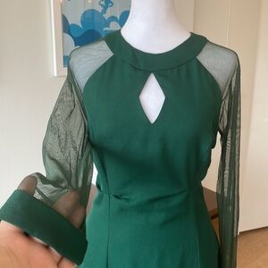 VINTAGE green Charisma mesh sleeve diamond neck dress